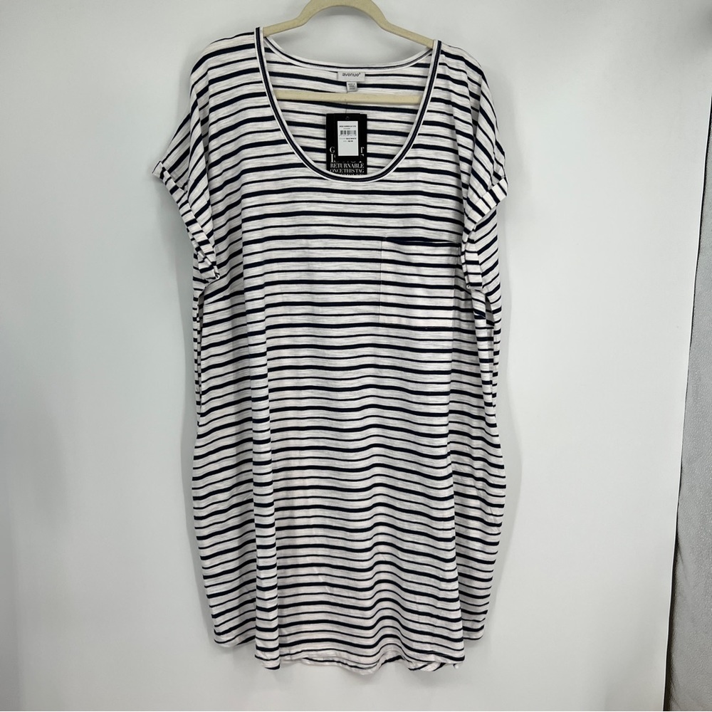 Avenue Summer Day Black White Striped Short Cap Sleeve Scoop Neck Dress NWT